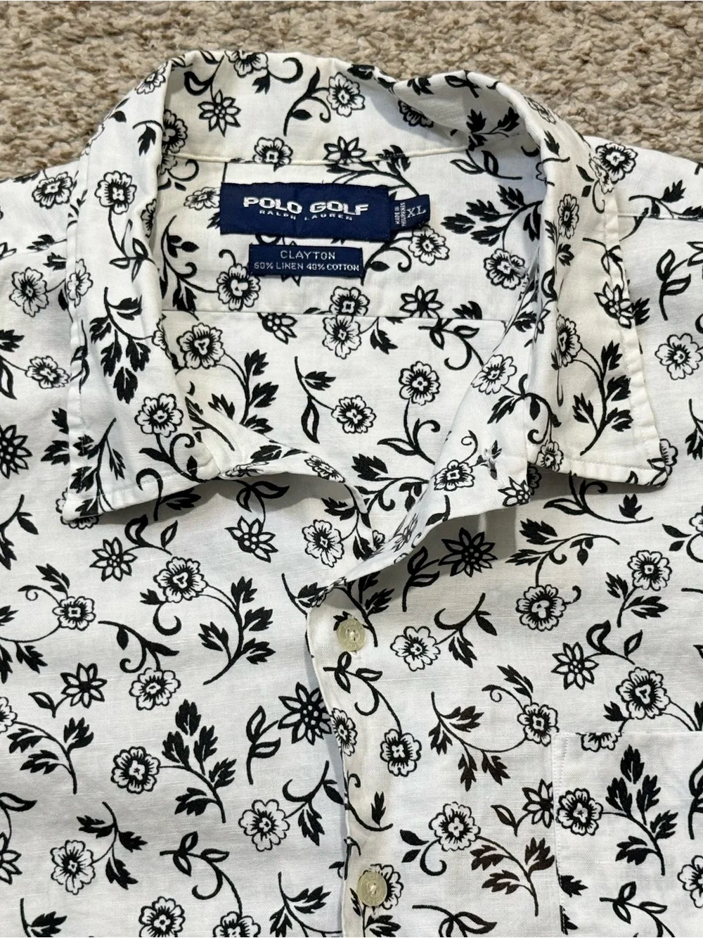 Vtg Polo Golf Ralph Lauren Clayton Shirt XL Linen Blend Floral Camp Resort White